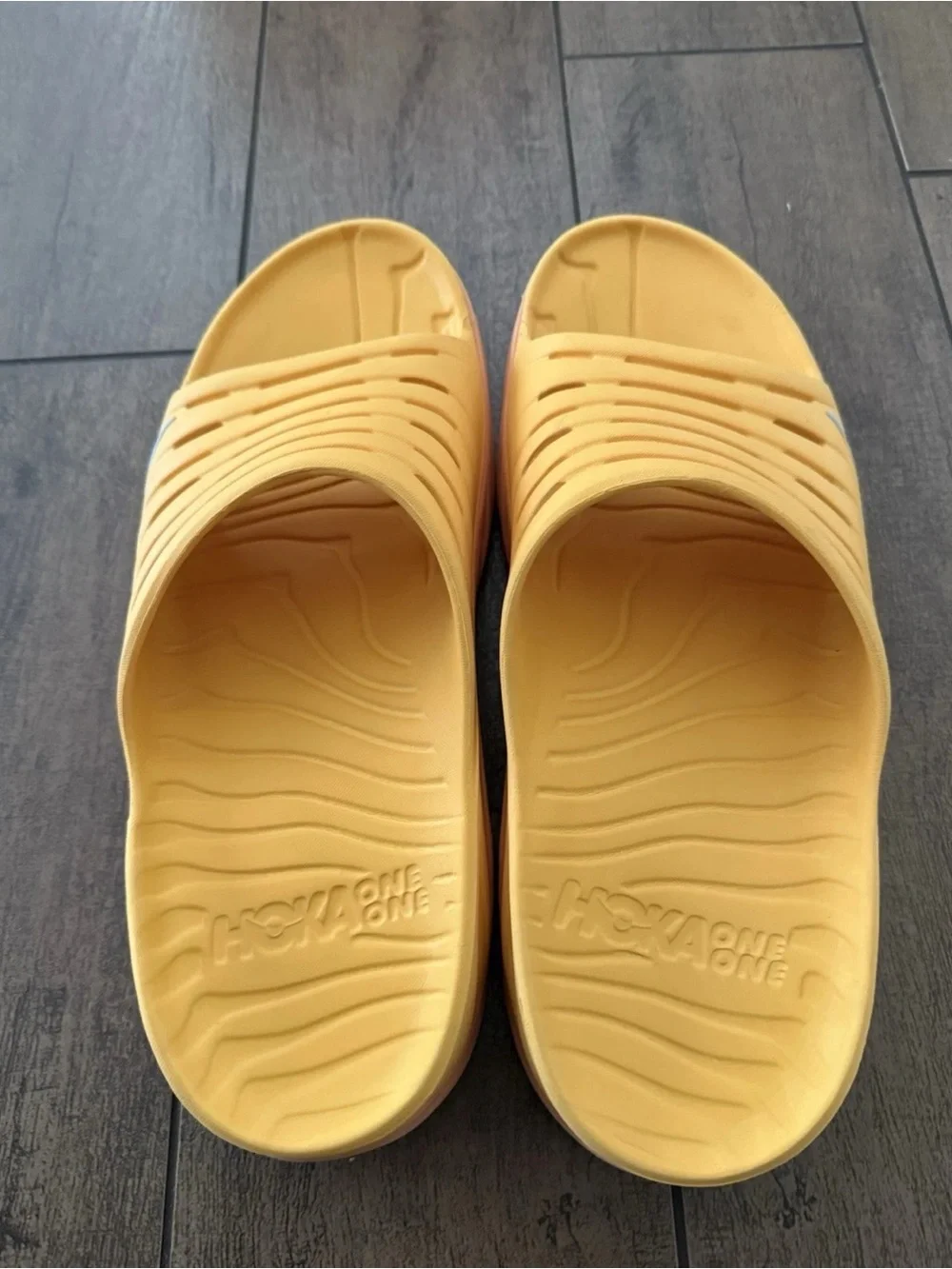 Hoka One One Yellow Slide Sandals with Pink Midsole